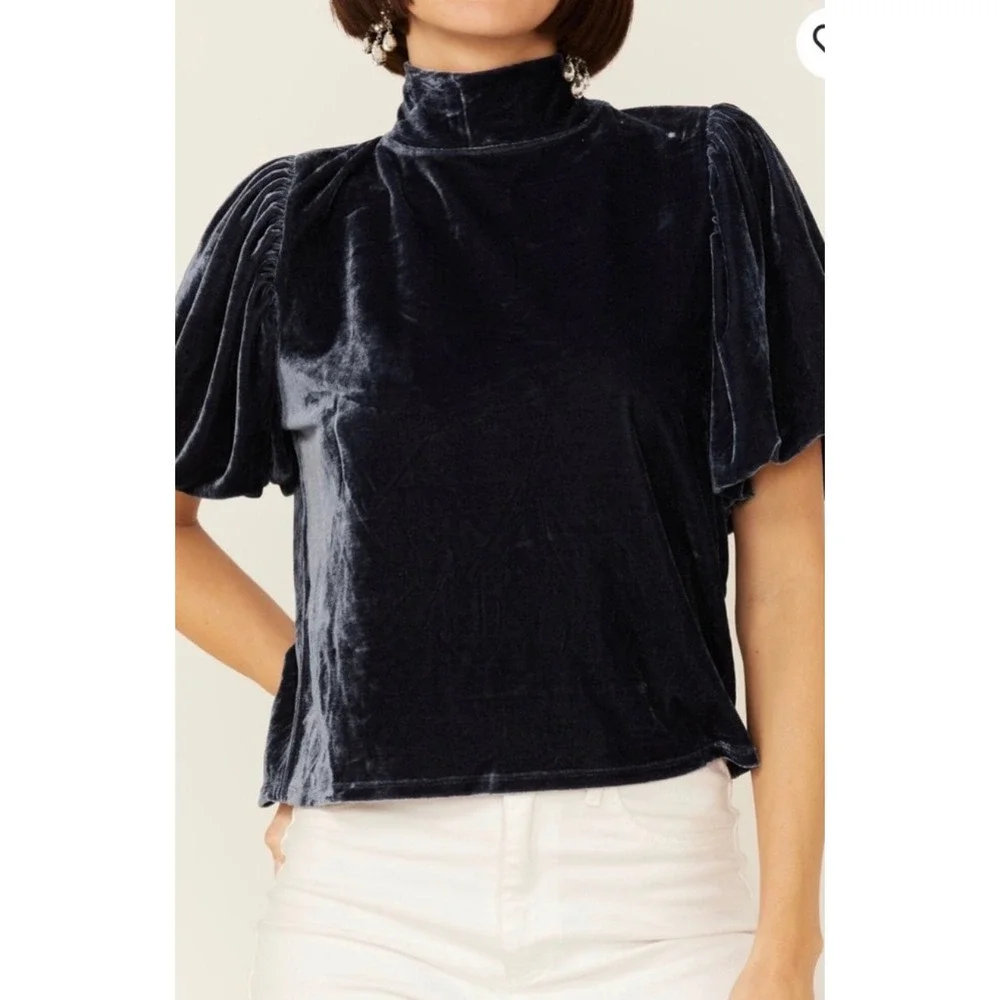 Free People Womens Velvet Mock Neck Puff Sleeve Top Navy Blue OB1224874 Large
